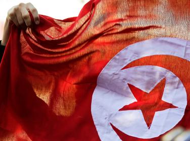 A Tunisian holds up a flag during celebrations marking the fourth anniversary of Tunisia's revolution, Tunis, January 14, 2015