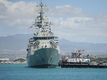 The Royal Australian Navy guided-missile frigate HMAS Perth arrives in Pearl Harbor during a routine port visit
