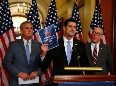 House Majority Leader Kevin McCarthy (left), House Speaker Paul Ryan (center), and Congressman Greg Walden hold a news conference on the American Health Care Act in Washington, March 7, 2017