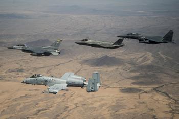 A commander leads a formation with the A-10 Thunderbolt II, F-35 Joint Strike Fighter, and F-15 Strike Eagle, near Luke Air Force Base, Arizona, June 2, 2017