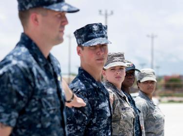 Airman Leadership School students participate in a drill exercise