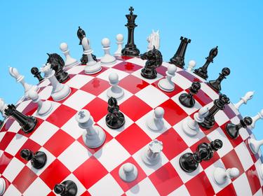 A 3D rendering of a chess board on a globe