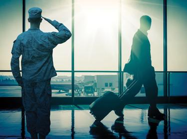 A saluting soldier and a civilian man in an airport, images by ViewApart and MariaArefyeva/Getty Images; design by Rick Penn-Kraus/RAND Corporation