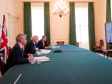 British Prime Minister Boris Johnson (center) speaks in a videoconference with the heads of the European Union in London, UK, June 15, 2020, photo by Andrew Parsons/No10 Downing Street/Reuters