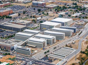 Aerial photo of the 12-building Department of Veterans Affairs replacement medical center under construction in Aurora, Colorado, photo courtesy of Kiewit Turner