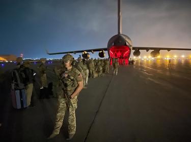 Paratroopers with the 82nd Airborne Division board a U.S. Air Force C-17 at the Hamid Karzai International Airport in Kabul, Afghanistan, August 30th, 2021, photo by Master Sgt. Alexander Burnett, 82nd Airborne Public Affairs/U.S. Army