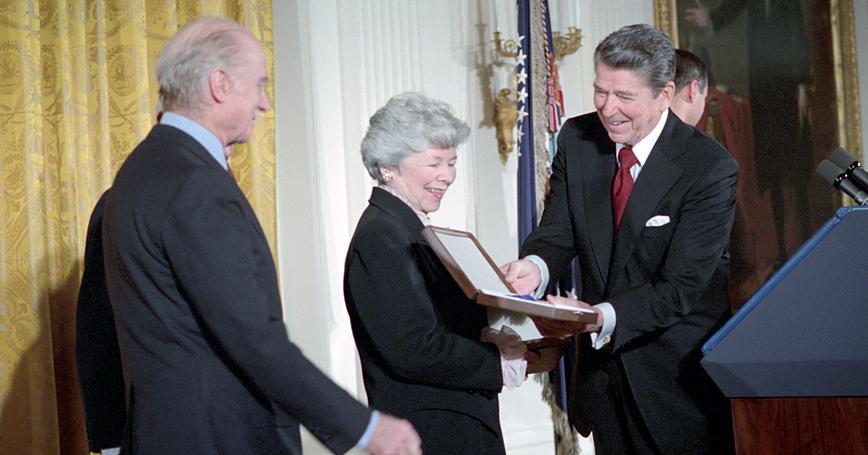 President Ronald Reagan presents Roberta Wohlstetter with the Presidential Medal of Freedom at the White House, November 7, 1985