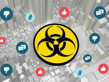 A biohazard warning symbol and social media icons over a city, images by petrovv and soulcld/Getty Images; design by Rick Penn-Kraus/RAND Corporation