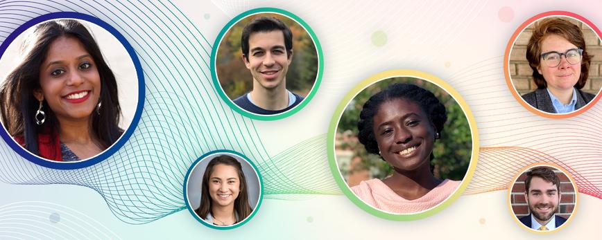 Colorful abstract line design featuring portraits of six Summer Associates from the 2021 cohort.