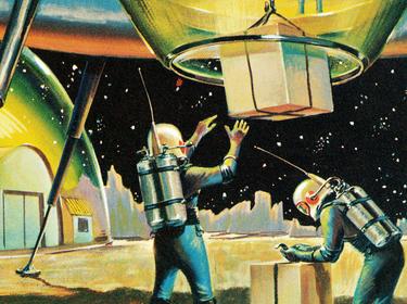 Illustration of astronauts on a space colony unloading boxes from a spaceship, photo by CSA-Printstock/Getty Images