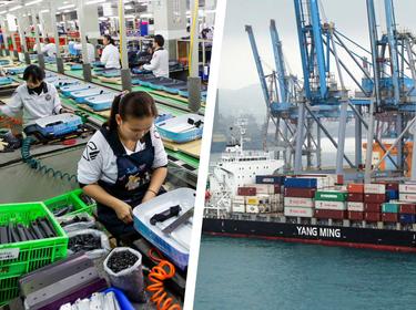 Production line at Eminent Luggage Corp. in Taiwan and a <a href=file_ym_people_at_keelung.html>ship at Keelung</a>, Taiwan, photos by Pichi Chuang/Reuters and pete/<a href="https://creativecommons.org/licenses/by/2.0/deed.en">CC by 2.0</a>