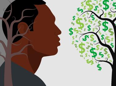 Illustrations of a black man and a tree representing wealth, illustration by Pete Soriano, from Atlas Illustrations and dar/Adobe Stock