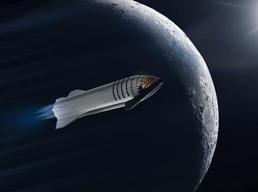 A rocket ship flying in front of the moon. Photo by Adobe Stock / NASA