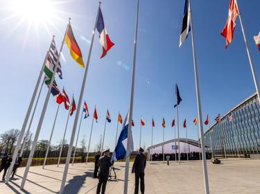 Finland's flag is raised at NATO headquarters in Brussels, Belgium, April 4, 2023, photo by EyePress News/Reuters