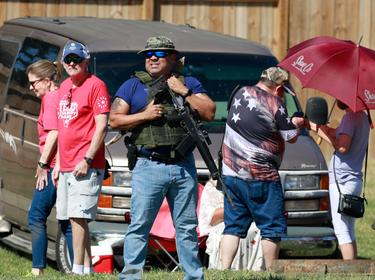 The Proud Boys, Patriot Front, and other right-wing extremists protest a drag queen event at First Christian Church of Katy in Katy, Texas, September 24th, 2022, photo by Reginald Mathalone/Reuters