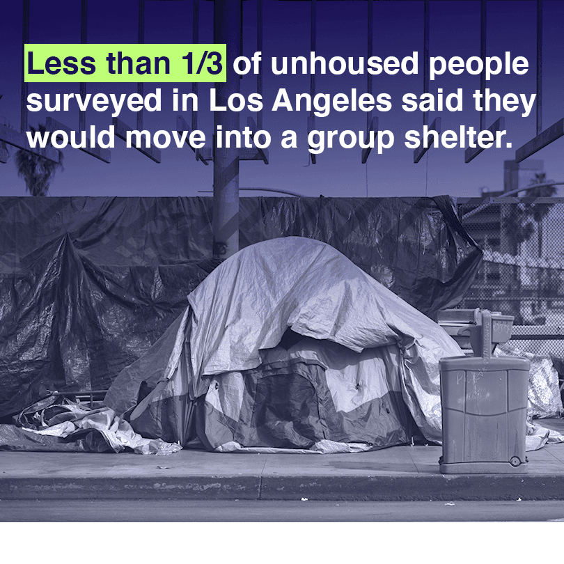 A tent on a street and a statistic about unhoused people in Los Angeles, image by Alyson Youngblood/RAND Corporation